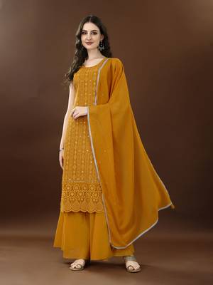 Gold mustard embroidered georgette women's kurta,palazzo and dupatta set 1
