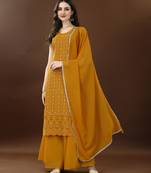 Gold mustard embroidered georgette women's kurta,palazzo and dupatta set