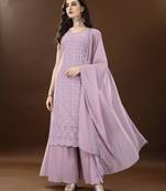 Light purple embroidered georgette women's kurta,palazzo and dupatta set