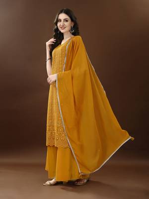 Gold mustard embroidered georgette women's kurta,palazzo and dupatta set 3
