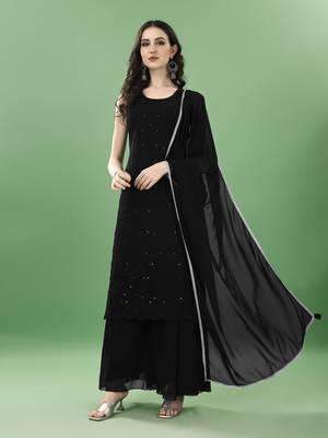 Black embroidered georgette women's kurta,palazzo and dupatta set 1
