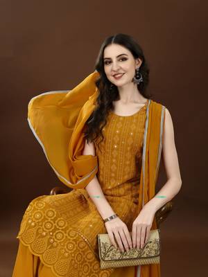 Gold mustard embroidered georgette women's kurta,palazzo and dupatta set 4