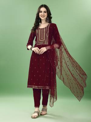 Maroon embroidered silk blend  Kurta pant  with dupatta set 1
