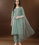 Pista embroidered silk blend women's kurta, pyjama & dupatta set