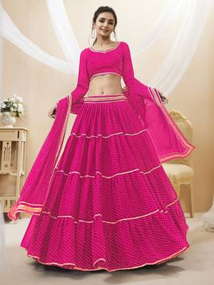 Provocative Pink Leheriya Printed With Lace All Over Georgette Lehenga Choli For Partywear 1