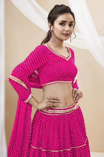 Provocative Pink Leheriya Printed With Lace All Over Georgette Lehenga Choli For Partywear