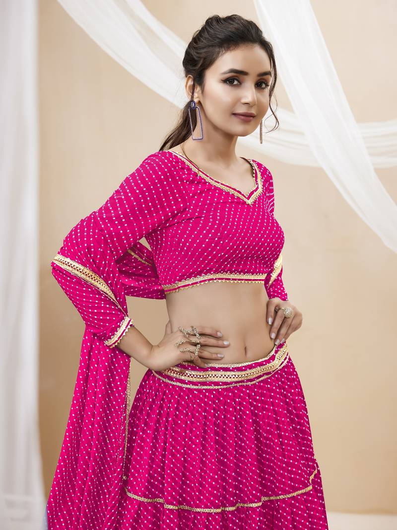Provocative Pink Leheriya Printed With Lace All Over Georgette Lehenga Choli For Partywear