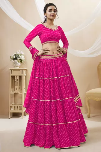Provocative Pink Leheriya Printed With Lace All Over Georgette Lehenga Choli For Partywear