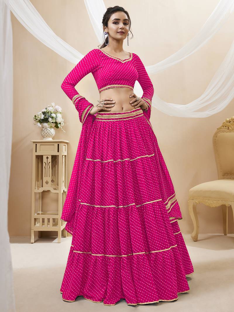 Provocative Pink Leheriya Printed With Lace All Over Georgette Lehenga Choli For Partywear