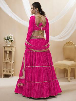 Provocative Pink Leheriya Printed With Lace All Over Georgette Lehenga Choli For Partywear 4
