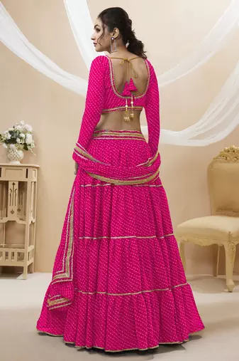Provocative Pink Leheriya Printed With Lace All Over Georgette Lehenga Choli For Partywear