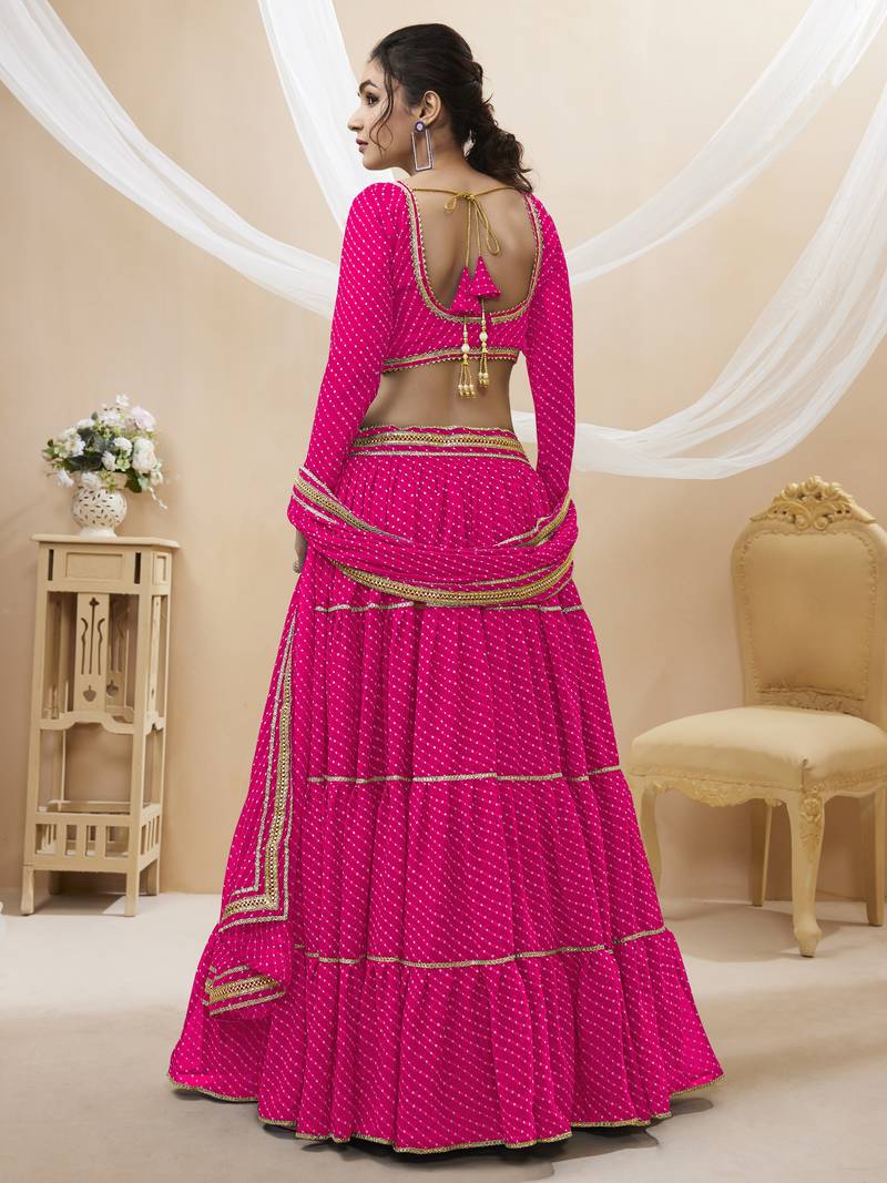 Provocative Pink Leheriya Printed With Lace All Over Georgette Lehenga Choli For Partywear