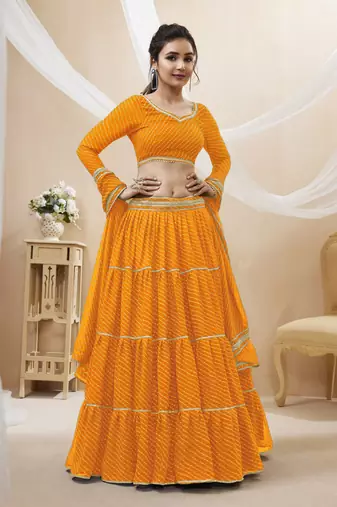  Yellow Leheriya Printed With Lace All Over Georgette Lehenga Choli For Partywear