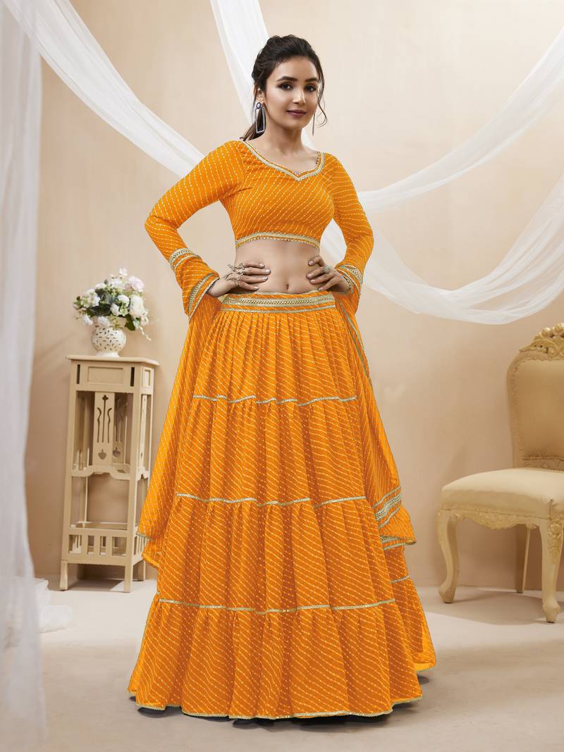  Yellow Leheriya Printed With Lace All Over Georgette Lehenga Choli For Partywear