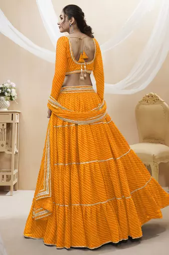  Yellow Leheriya Printed With Lace All Over Georgette Lehenga Choli For Partywear