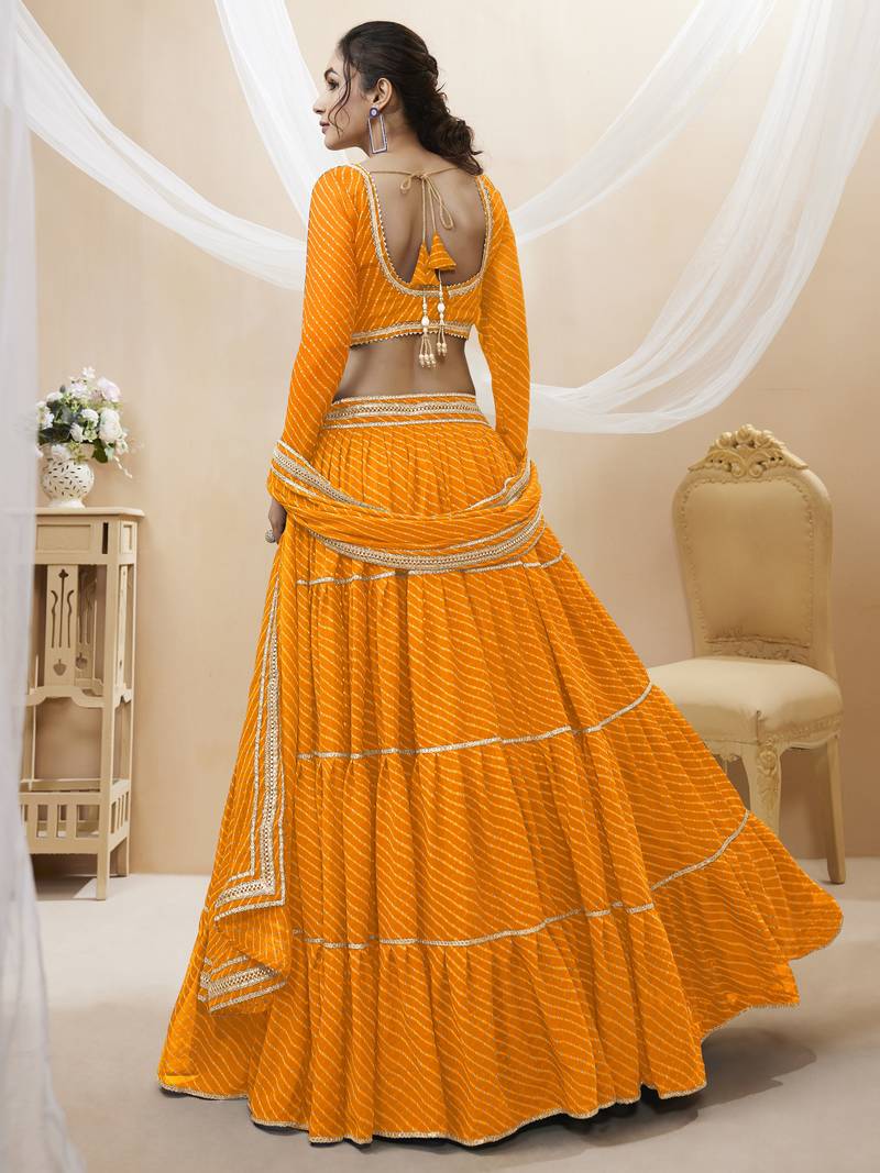  Yellow Leheriya Printed With Lace All Over Georgette Lehenga Choli For Partywear