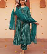 Janasya women's teal brocade woven design kurta with pant and dupatta
