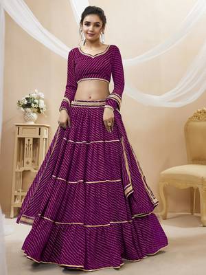 Purple Leheriya Printed With Lace All Over Georgette Lehenga Choli For Wedding 1
