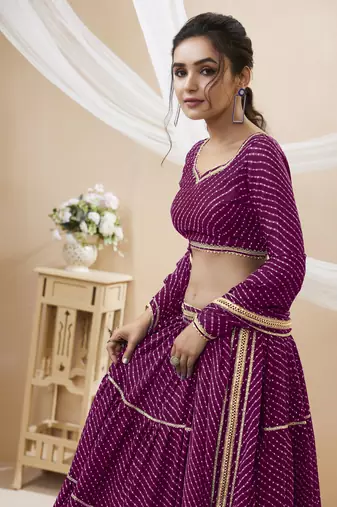 Purple Leheriya Printed With Lace All Over Georgette Lehenga Choli For Wedding