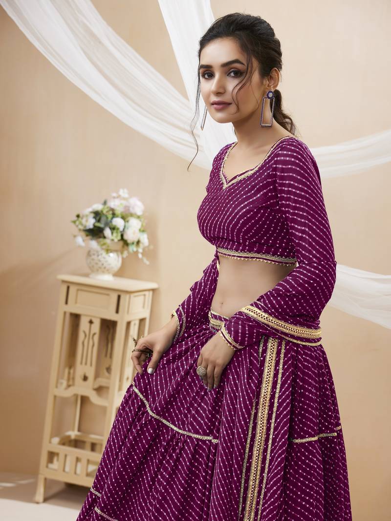 Purple Leheriya Printed With Lace All Over Georgette Lehenga Choli For Wedding