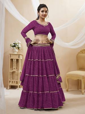 Purple Leheriya Printed With Lace All Over Georgette Lehenga Choli For Wedding 3