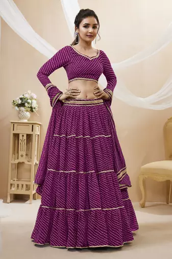 Purple Leheriya Printed With Lace All Over Georgette Lehenga Choli For Wedding