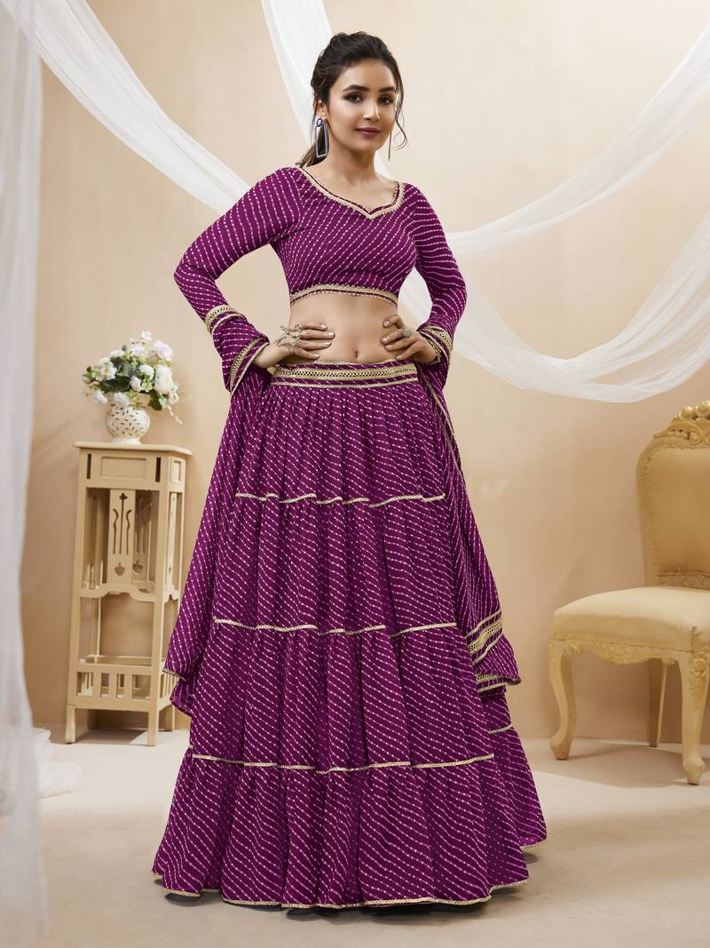 Purple Leheriya Printed With Lace All Over Georgette Lehenga Choli For Wedding