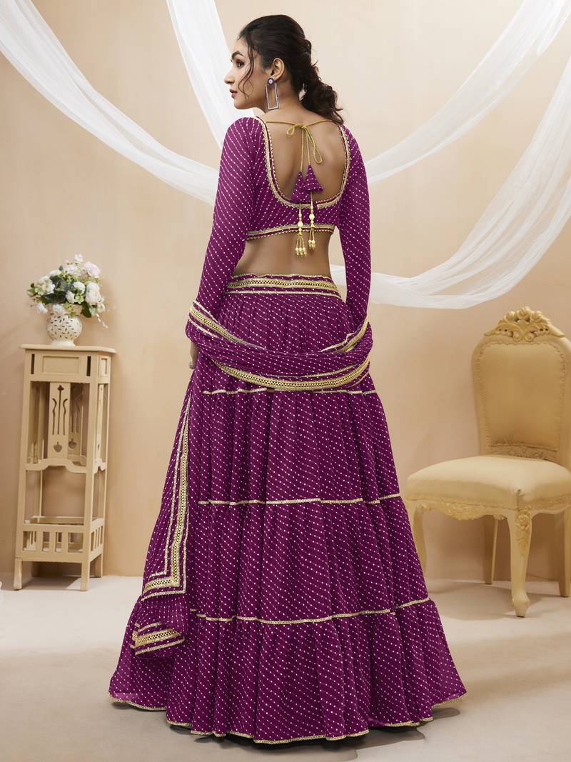 Purple Leheriya Printed With Lace All Over Georgette Lehenga Choli For Wedding