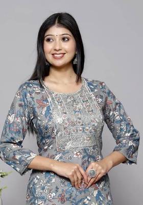 Cotton grey embroidery work straight kurta 2