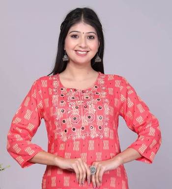 Cotton orange embroidery work straight kurta 2