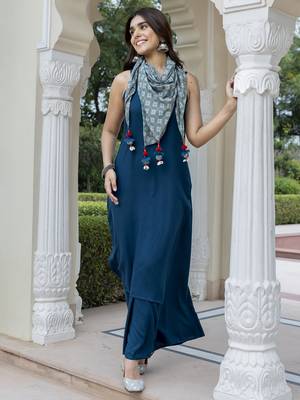 Janasya women's teal blue rayon solid kurta with palazzo and scarf 1