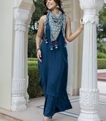 Janasya women's teal blue rayon solid kurta with palazzo and scarf