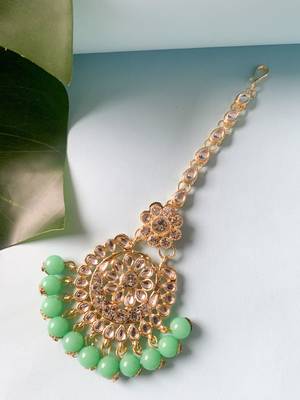 traditional elegant pearl and kundan studded maang tikka/headpiece for women/girls  1