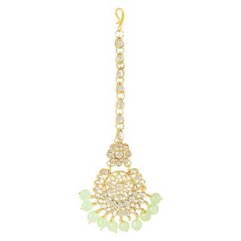 traditional elegant pearl and kundan studded maang tikka/headpiece for women/girls  2