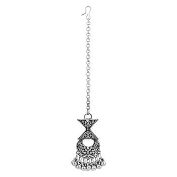 ethnic silver oxidised mang tikka/mathapatti/headpiece with ghungroo for women and girls  1
