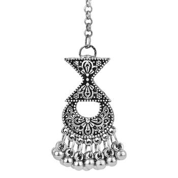 ethnic silver oxidised mang tikka/mathapatti/headpiece with ghungroo for women and girls  2