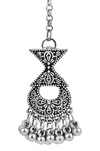 ethnic silver oxidised mang tikka/mathapatti/headpiece with ghungroo for women and girls 