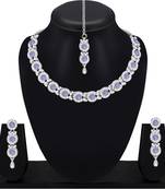 Women silver plated necklace with earrings, maang tikka - jewellery set for weddings