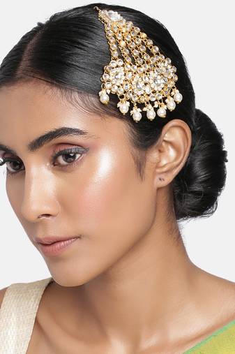 mughal beautiful long pearl kundan jhumar passa/jhoomar maang tikka for women (t2047w)