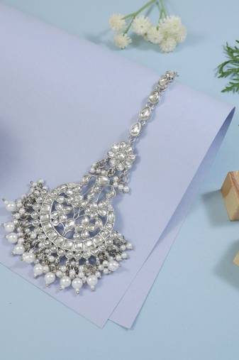 silver plated traditional kundan & pearl handcrafted maang tikka for women/girls 