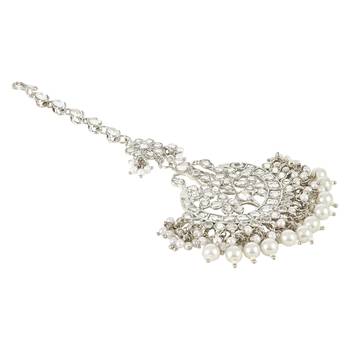 silver plated traditional kundan & pearl handcrafted maang tikka for women/girls  2