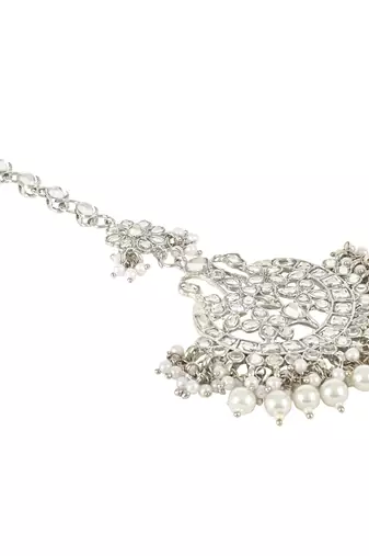 silver plated traditional kundan & pearl handcrafted maang tikka for women/girls 