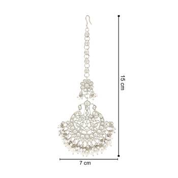 silver plated traditional kundan & pearl handcrafted maang tikka for women/girls  3