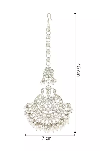 silver plated traditional kundan & pearl handcrafted maang tikka for women/girls 