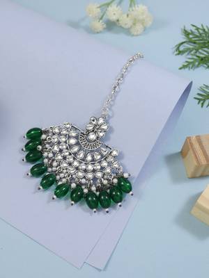 silver oxidised traditional kundan pearl maang tikka for women and girls  1