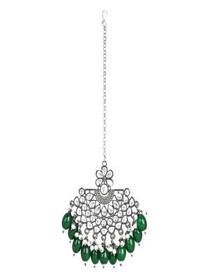 silver oxidised traditional kundan pearl maang tikka for women and girls  2