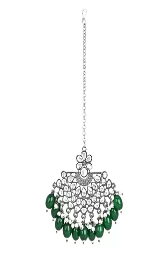 silver oxidised traditional kundan pearl maang tikka for women and girls 