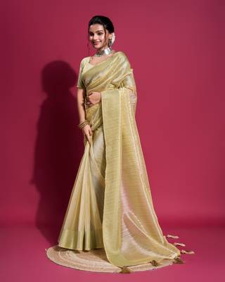 Yellow Woven Self Design Organza Bollywood Sarees With Blouse 1