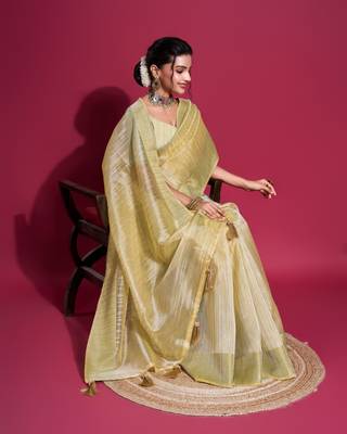 Yellow Woven Self Design Organza Bollywood Sarees With Blouse 3