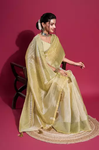 Yellow Woven Self Design Organza Bollywood Sarees With Blouse